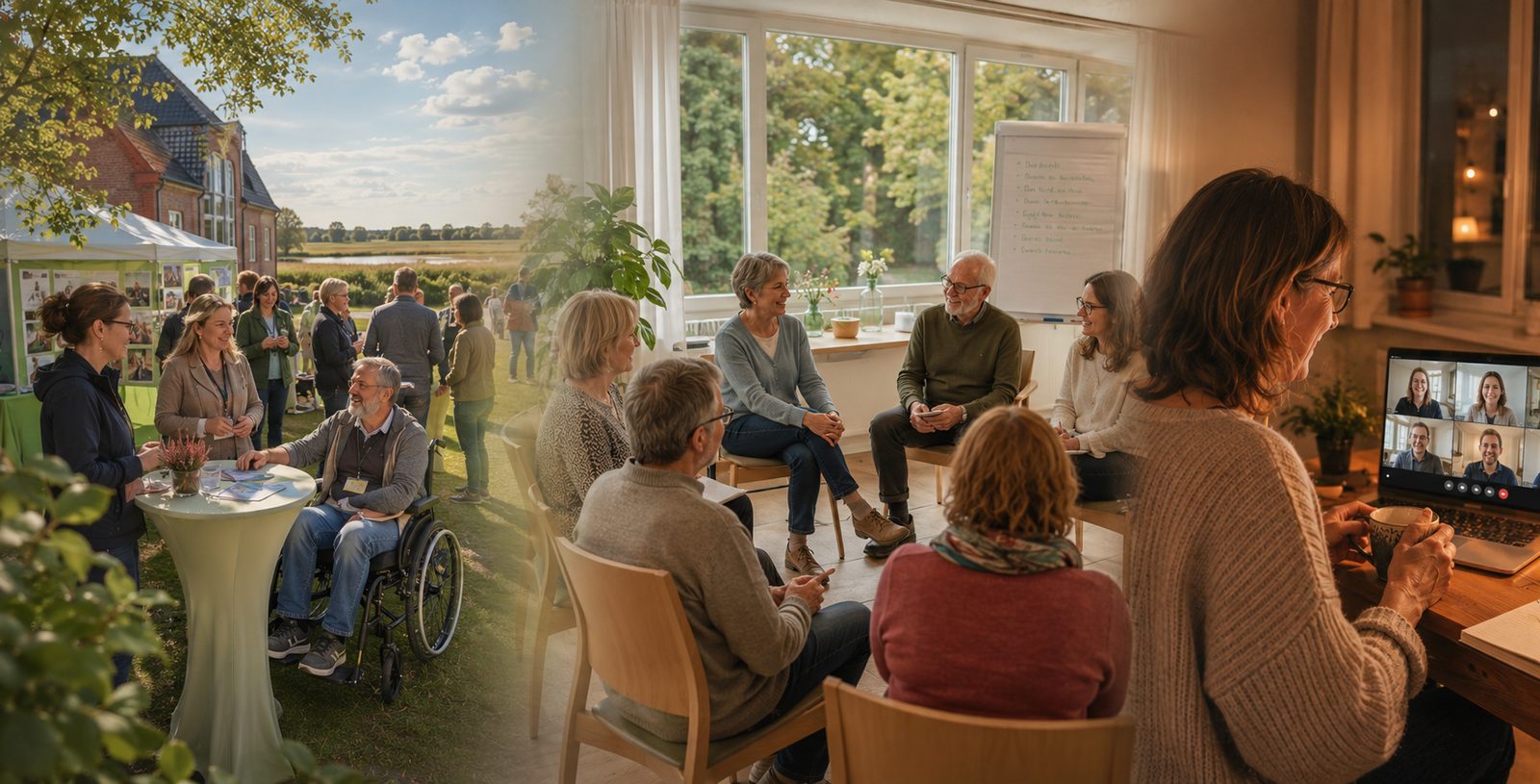 Collage: Begegnung bei einer Veranstaltung im Freien, Gesprächskreis in einem Workshop und Teilnahme an einer Videorunde von zu Hause