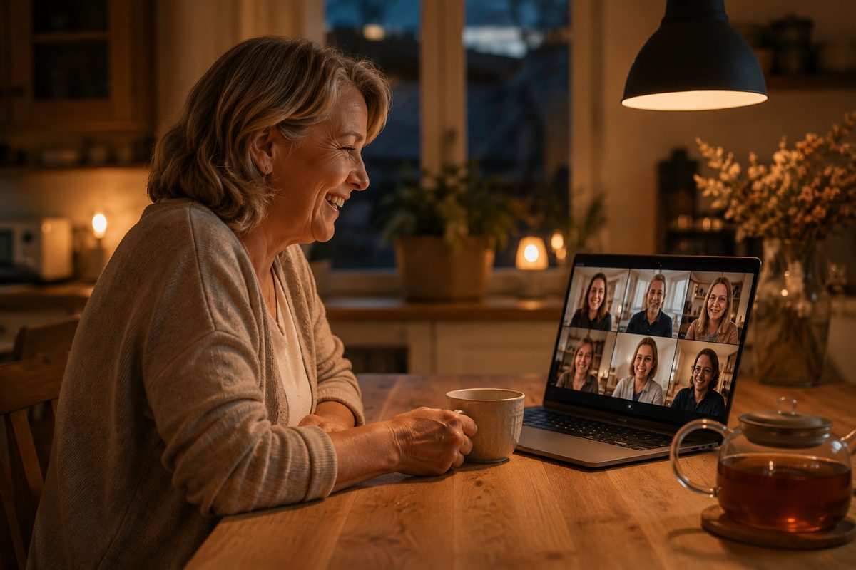Eine Frau sitzt abends mit einer Tasse Tee am Küchentisch und nimmt lachend an einer Videorunde teil
