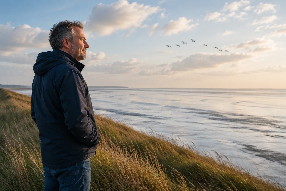 Ein Mann steht auf einem Deich und blickt über das weite Wattenmeer zum Horizont